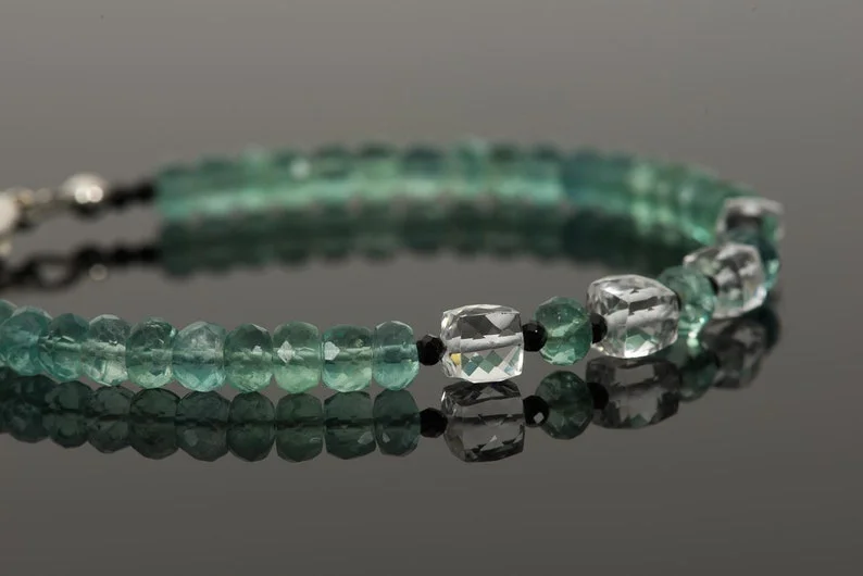 Green Fluorite White Quartz and Black Spinel Delicate Bracelet, Genuine Green Gemstone Sparkle Jewelry