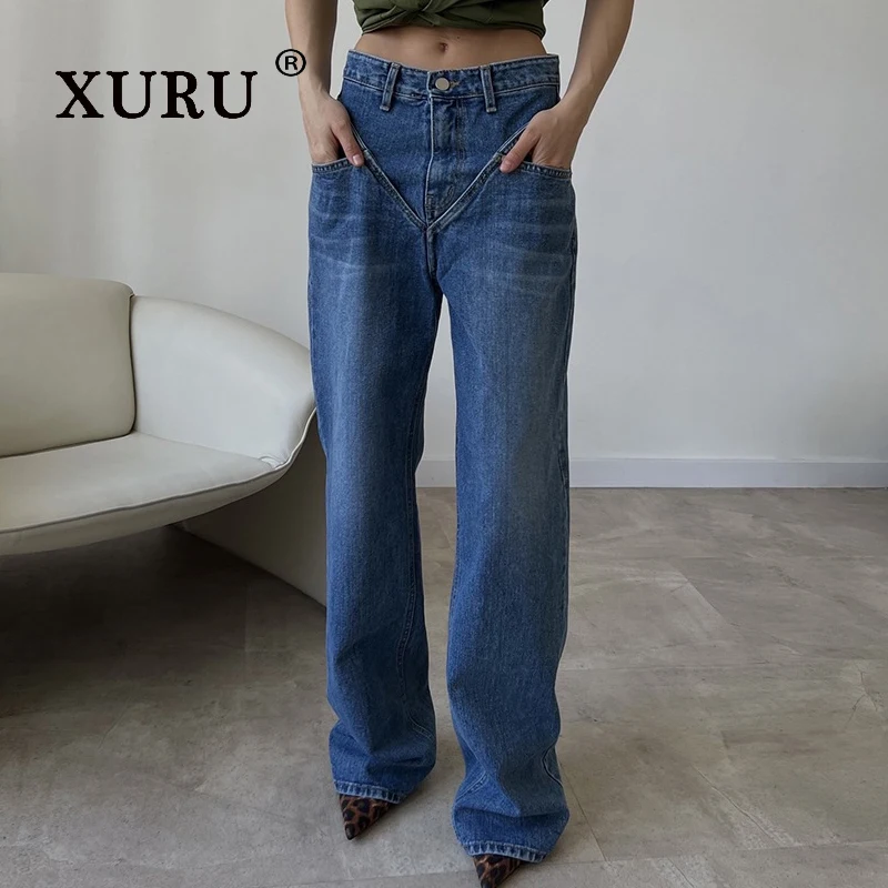 

XURU - New Women's Splicing Loose Jeans, Y2k Comfortable Casual Blue Dark Grey Long Jeans