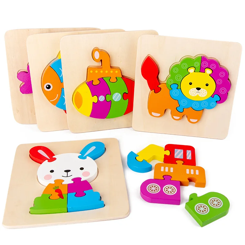 Montessori Wooden Puzzle Baby Cartoon 3D Animal Traffic Jigsaw Early Learning Cognition Game Puzzle Toy Children Educational Toy