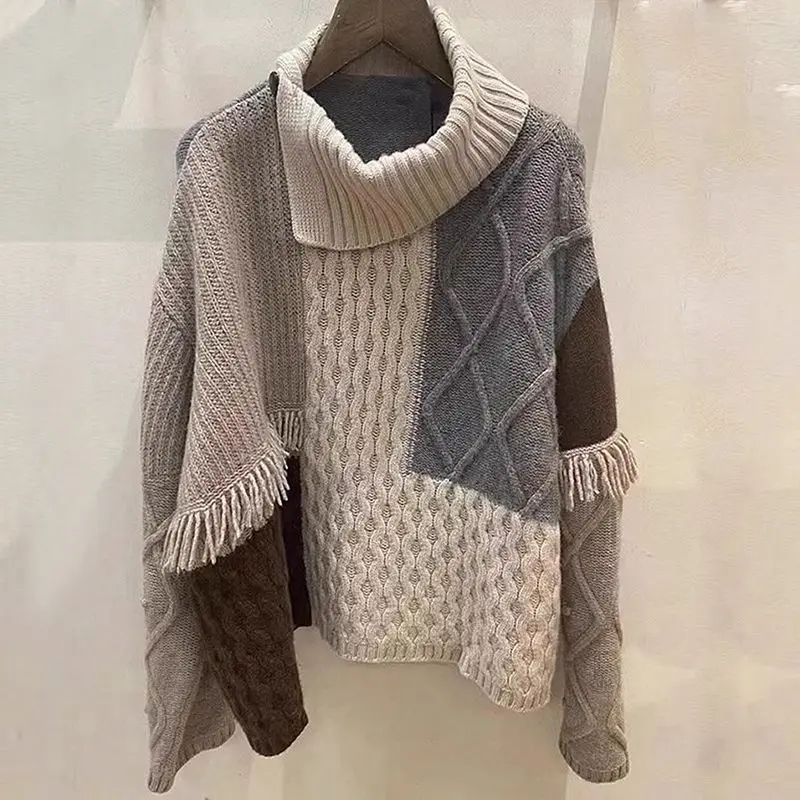 Winter Clothing Contrast Color Pullovers For Women Chic Jumper Korean Sueter Mujer Thicked Turtleneck Casual Knit Sweater Tops