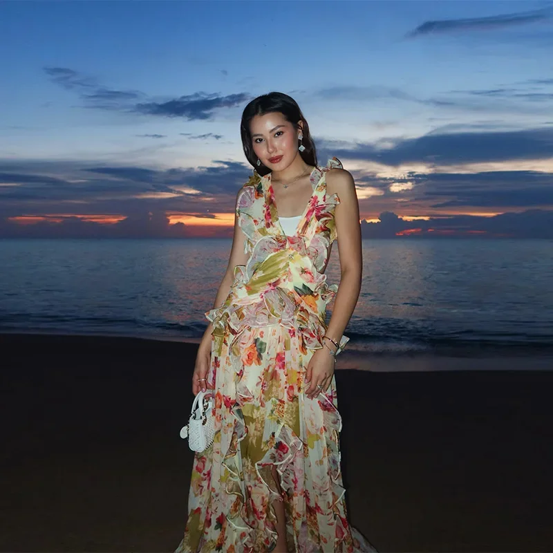 

Colorful Floral Ruffle Printed Design Maxi Dress For Women Vent Irregular Sleeveless Sling Dresses 2025 New Y2k Party Vacation