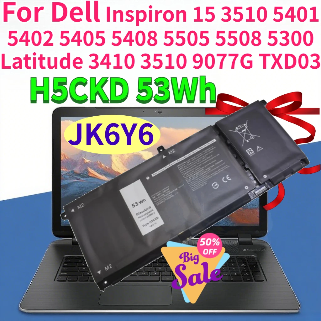 New Laptop Battery 53Wh H5CKD JK6Y6 for Dell Inspiron 15 3510 5401 5402 5405 5408 5505 5508 5300 Latitude 3410 3510 9077G TXD03