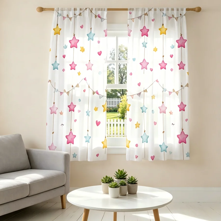 2PCS Digital Print Sheer Curtain, Star Heart Pendant Charm Jewelry Cute Window Drapes for Living Room Bedroom Home Decor