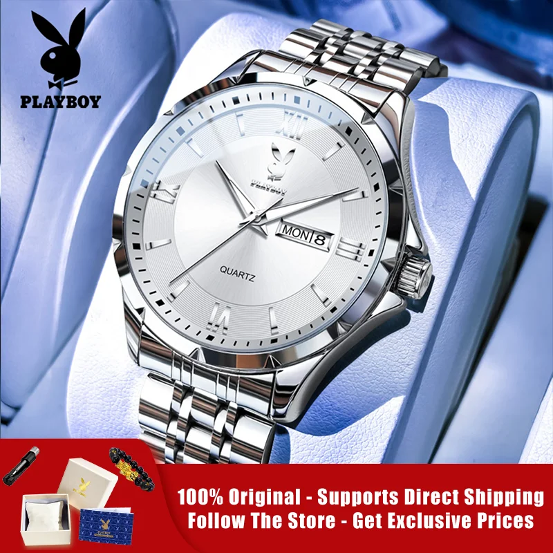 PLAYBOY 3095 Brand original authentic watches for man luxury Solid steel belt double calendar fashion quartz men's watch