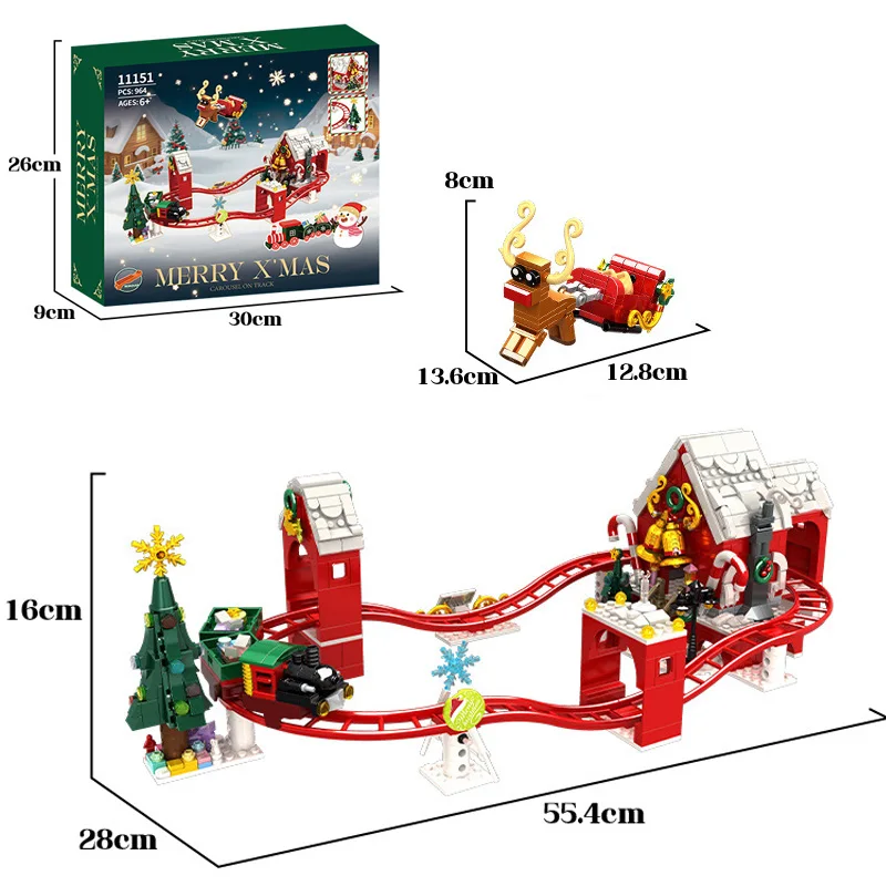 Świąteczna seria: Ślizgający się pociąg, tor kolejowy, klocki MOC, sanie Świętego Mikołaja, zabawki do samodzielnego montażu, model, małe klocki, prezent świąteczny.