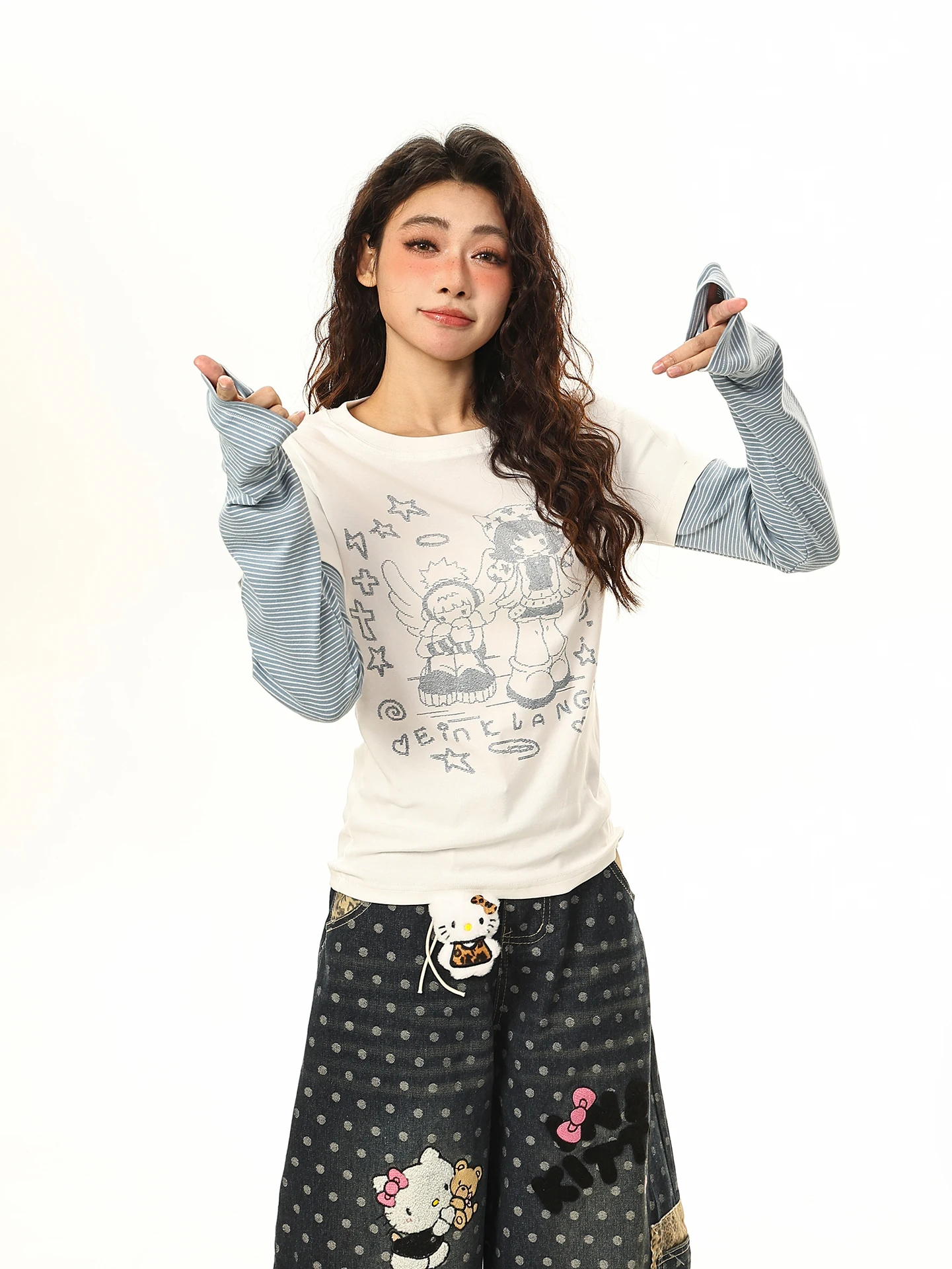 

Retro American Print Striped Long Sve round Ne T-irt Women's Spring Lightweight Slim Fit Fake Two-Piece Sweet Cool Top