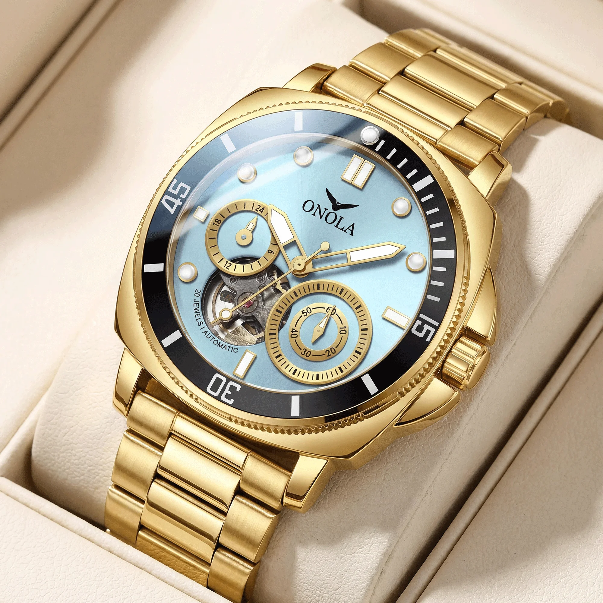 ONOLA Men's Automatic Mechanical Watch Black Stainless Steel Strap Hollow Skeleton Multifunctional Watch Night Light Watch Luxur