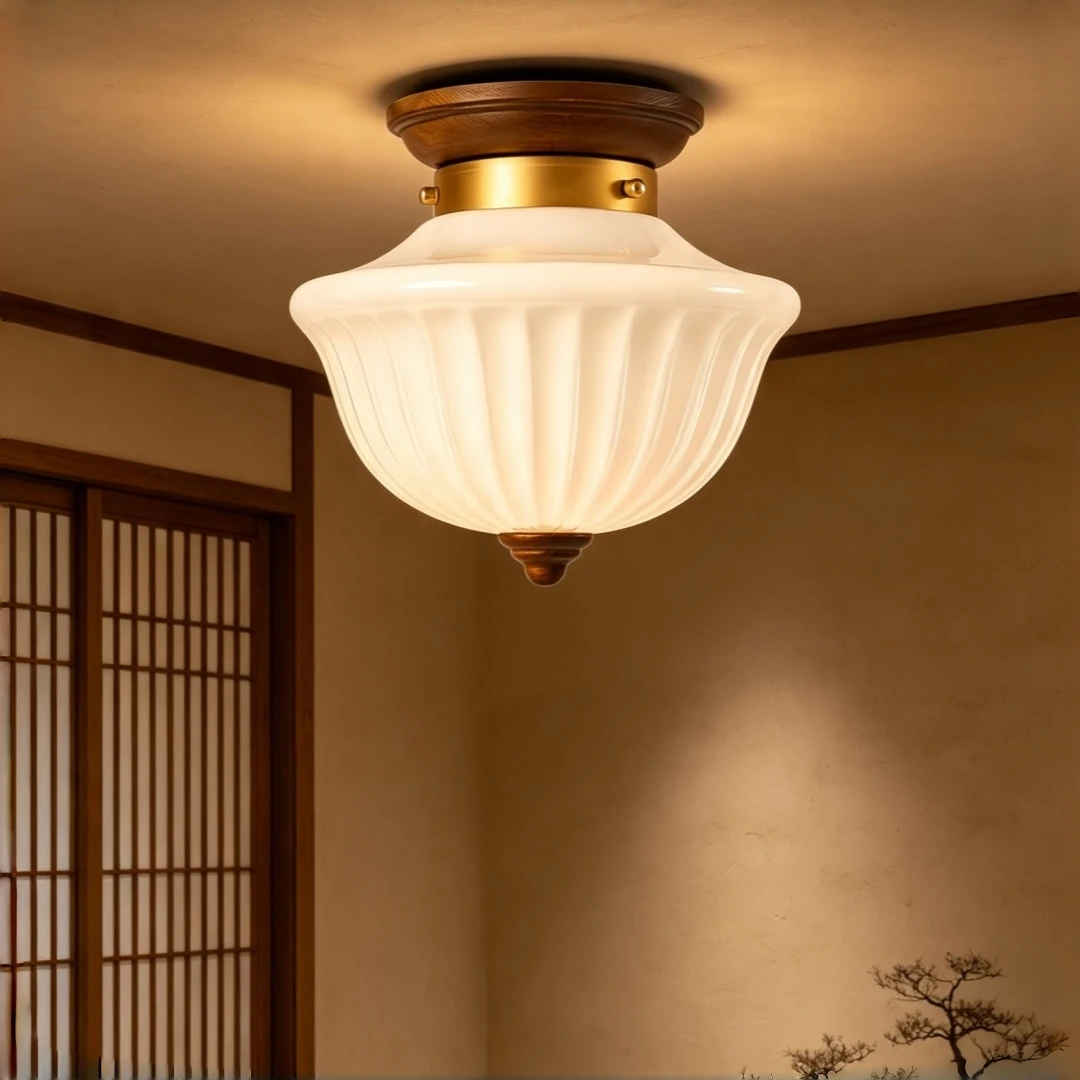 Retro Ribbed Glass Semi Flush Ceiling Light Classic Farmhouse Design for Cafe Hotel Lobby Corridor Vintage Indoor Decor Lamp