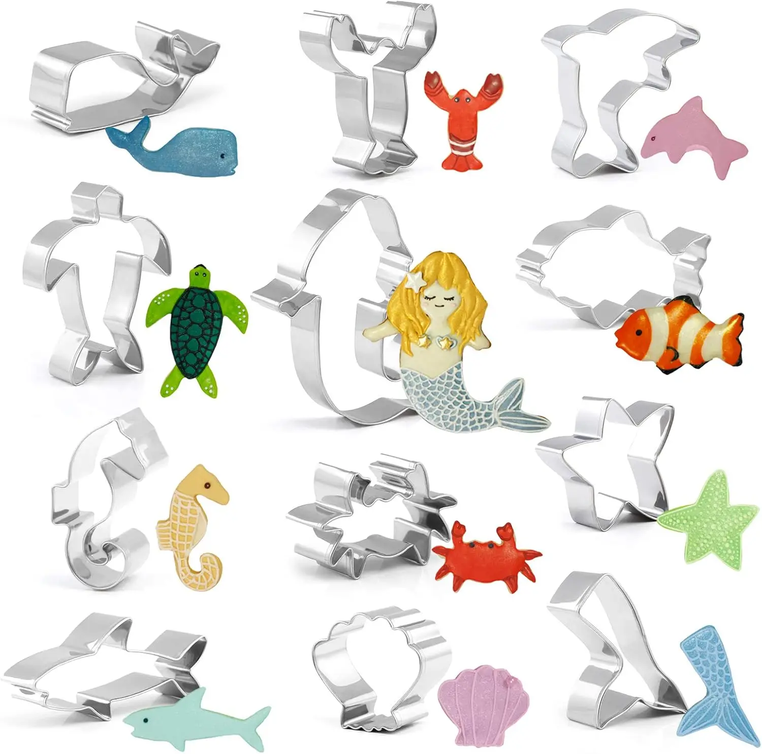 12PCS Cookie Cutter Set, Food Grade Stainless Steel, Mermaid Ocean Sealife Molds, Biscuit Fondant Baking for Kids DIY Home Party view 5