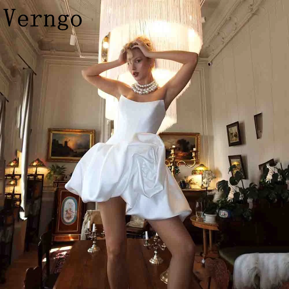 Verngo lvory Satin Mini Wedding Party Dress Civil Strapless Simple Short Ball Gown For Women 3D Pleated Prom Cocktail Dress