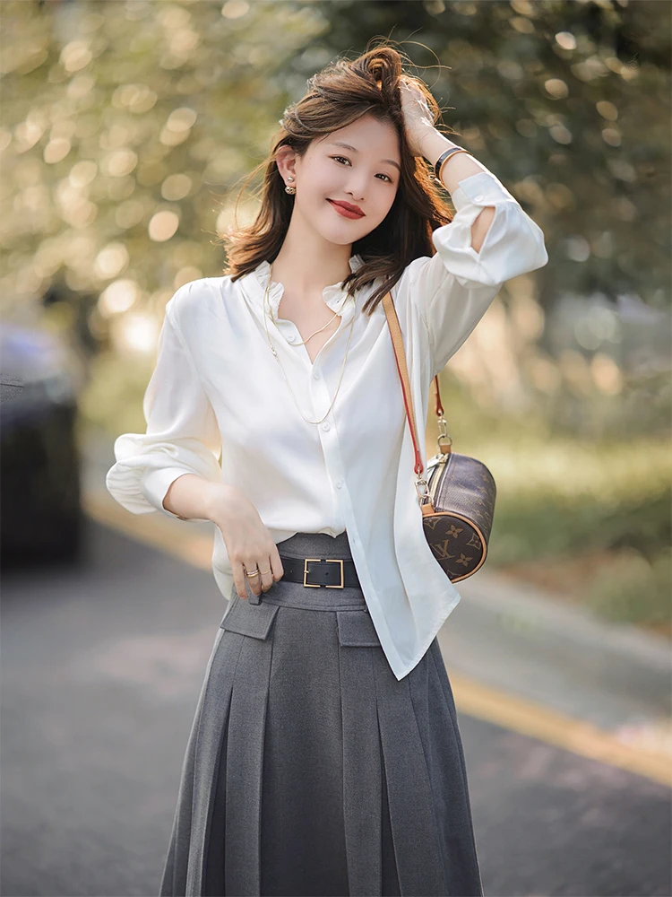 

Elegant Stand Collar Long Sleeve White Shirt Women's Spring Autumn Layering Base Layer Ladies Top Wood Grain Coat