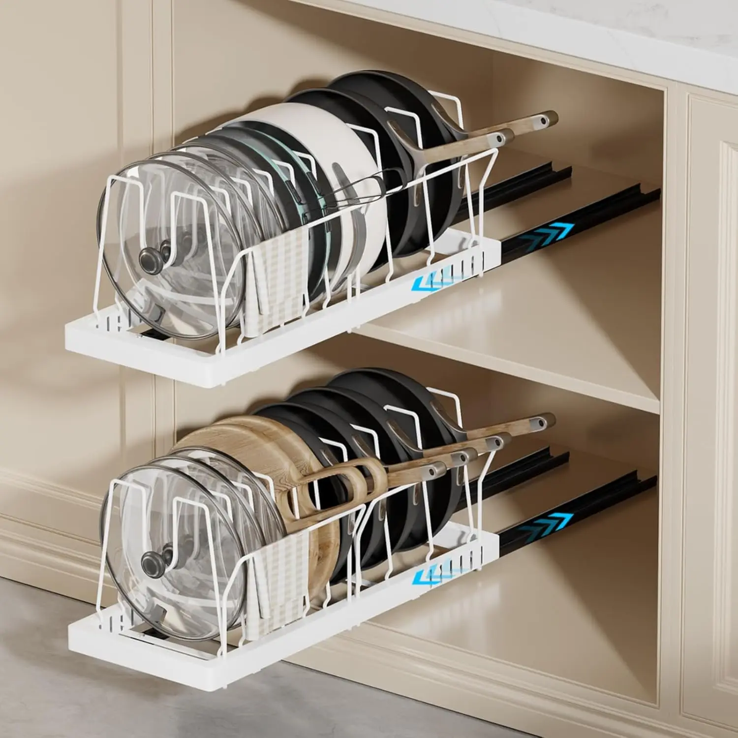 

2 Pack Pots and Pans Organizer Under Cabinet, 22' Deep Expandable Pull Out Pot Lid Organizer and