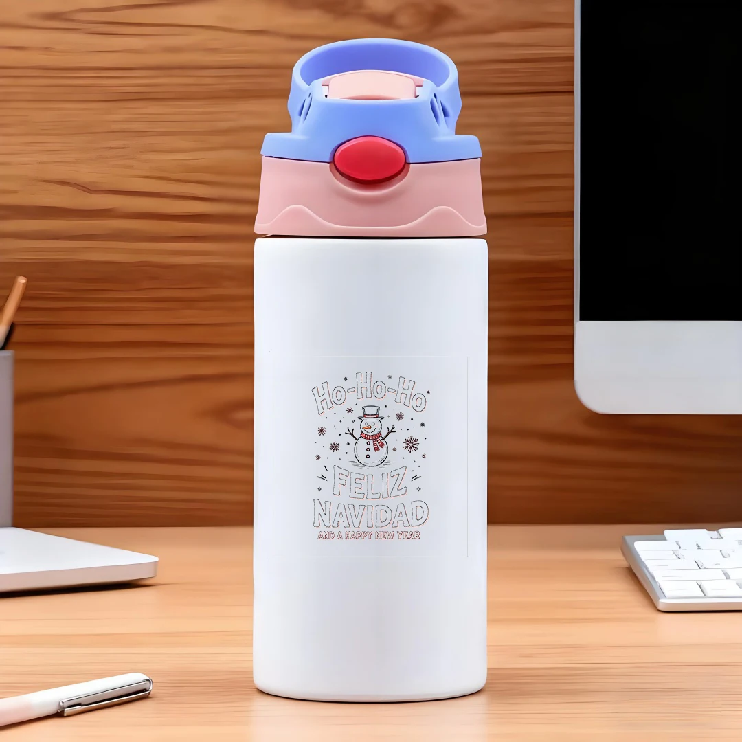 كوب حراري من الفولاذ المقاوم للصدأ 304 كوب قش للأطفال هدية عيد الميلاد تصميم بطاقة عطلة قلب رجل ثلج لطيف تحت عنوان حراري