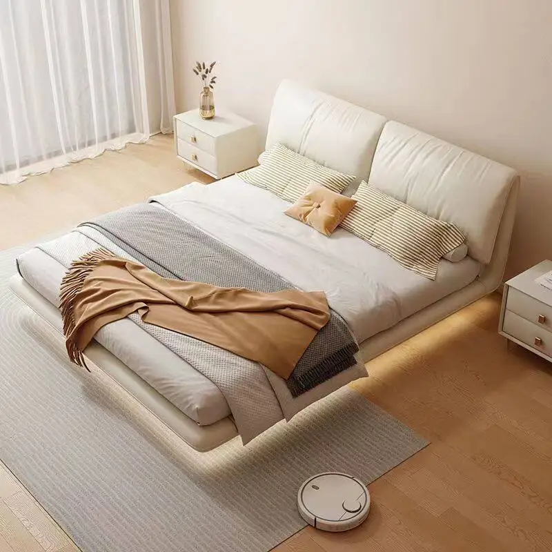 **Light Luxury Suspended Technology Cloth Bed with Elephant Ears Modern and Simple Double Creamy Style Master Bedroom Wedding Be
