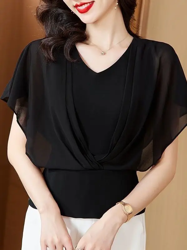 Batwing Sleeve Chiffon Top Women's Summer New Style Thin Waist Inward Belly New Fashionable Top Short Sleeve V-neck Loose Fit