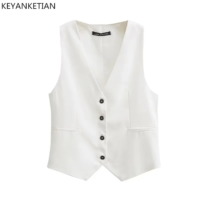 

KEYANKTIAN New Deep V-Neck Single-Breasted Slim White Vest For Women Casual Style Short Sleeveless Tops Thin Abrigo