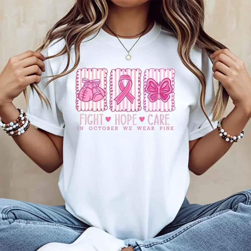 Women's Casual Flat-Style Breathable Essential Fabric Graphic T-Shirt - Fight Hope Care Pink Ribbon Breast Cancer Awareness, Autumn Winter, for Wives & Moms,sohochic