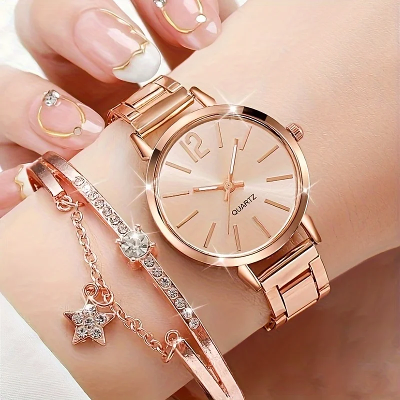 

2pcs/set Women's Luxury Rose Golden Quartz Watch Business Fashion Analog Wrist Watch & Star Bangle, Gift For Mom Her