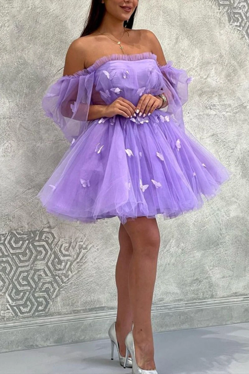 Knee Length Homecoming Dresses for Juniors Plus Size Half Sleeve Cocktail Gowns Tulle Appliques Off Shoulder Evening Party Dress