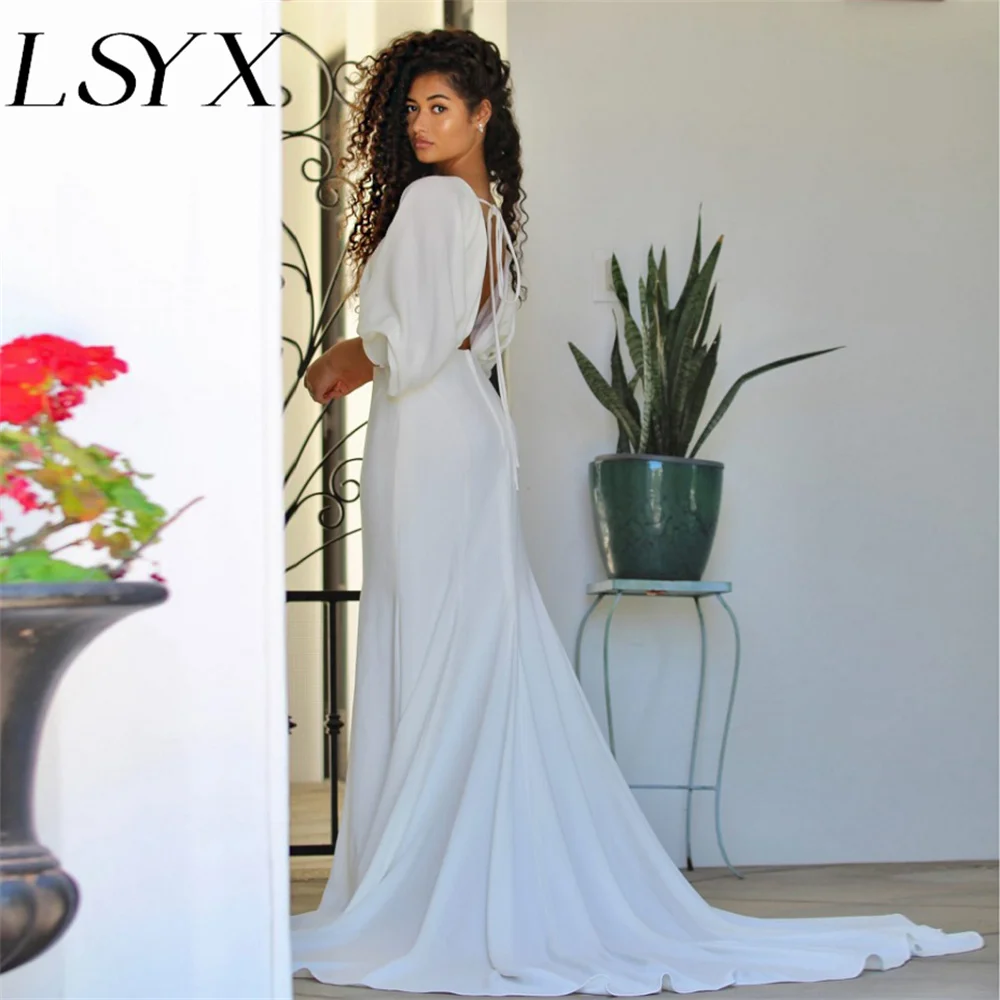 LSYX Customized Perfect  Elegant Deep V-Neck Puff Sleeves Backless Mermaid Wedding Dress Simple Backless Court Train Bridal Gown