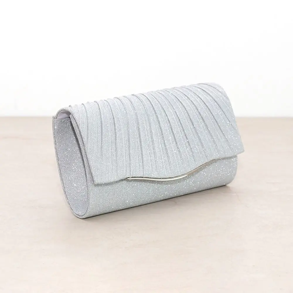 Pleated Flap Wedding Bag Glitter Fabric Detachable Chain Strap Evening Clutch Bag Foldover Closure Elegant Style Clutch Handbag