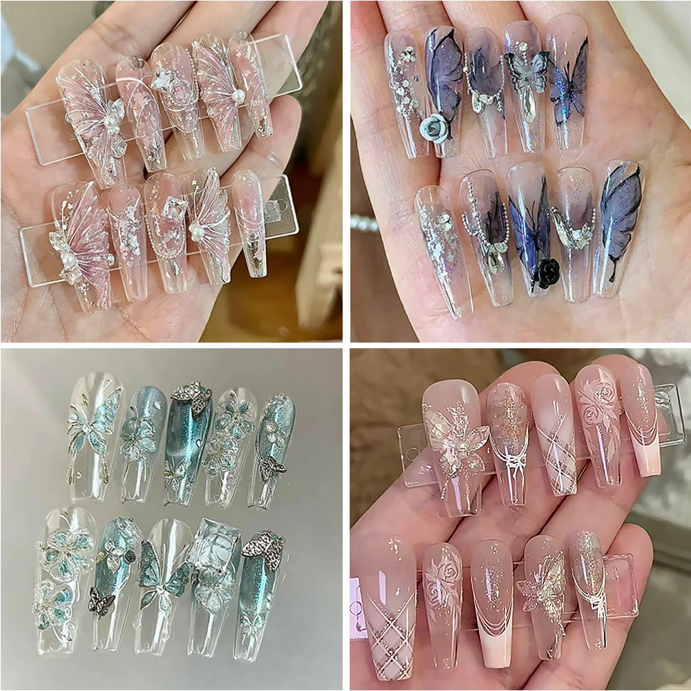 New Cool Y2K Ice Crystal Butterfly Wearing Nail Heavy Industry Light Luxury Wearing Nail Art Advanced Glitter Detachable Nail