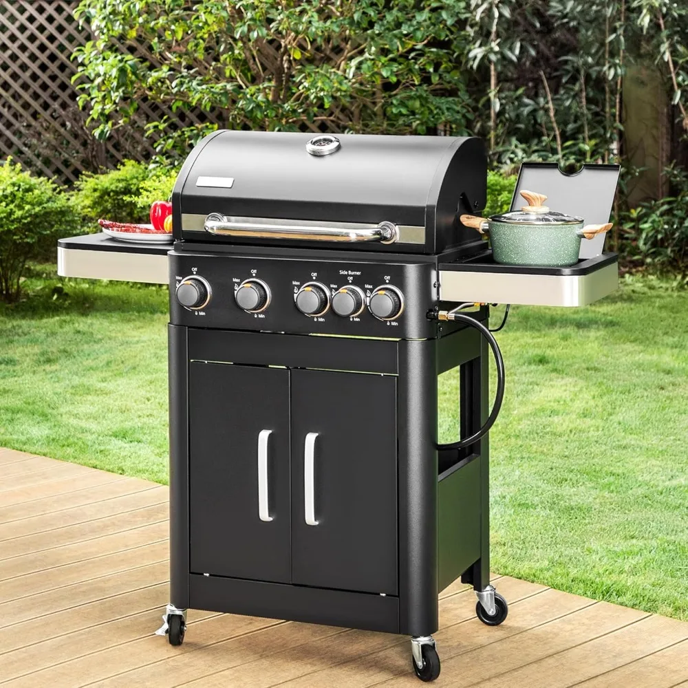 2-in-1-Propangas-BBQ-Grill mit Seitenbrenner und gusseisenrost aus Porzellan mit eingelegtem Gusseisen, 4-Brenner-Grill mit flacher Oberseite, 46.700 BTU