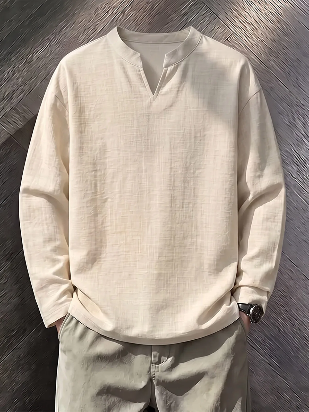 Heavyweight Linen Simulation Long Sleeve V-Neck T-Shirt Men's Autumn Simple Henry Collar Sweatshirt Cleanfit Base Shirt
