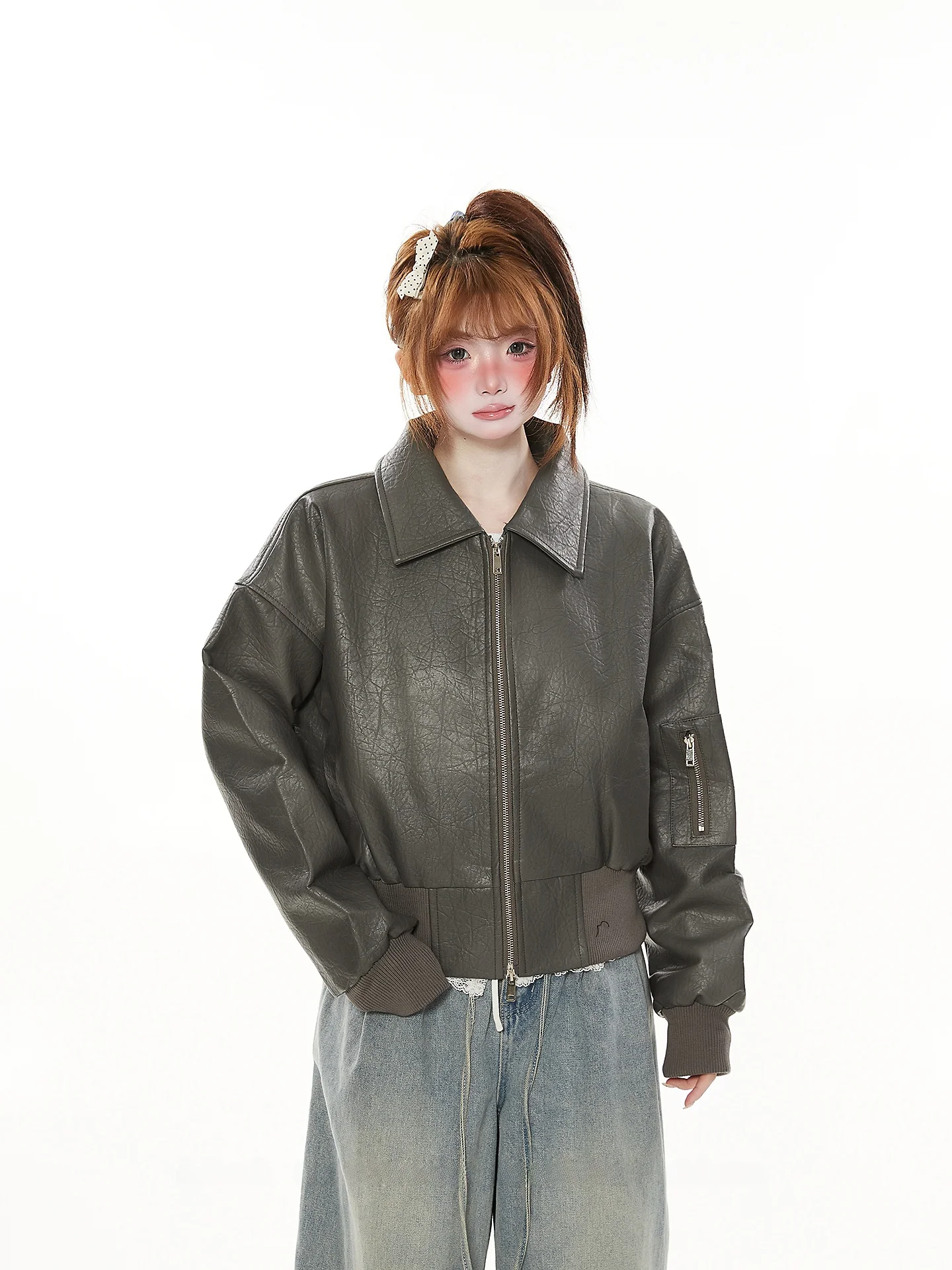 Kurtka damska z ekoskóry PU, wiosenno-jesienna, modna, markowa, wzór liczi, retro, styl amerykański, motocyklowa, robocza.