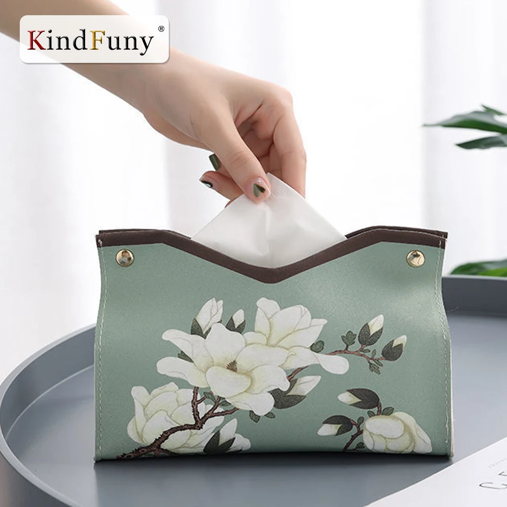 Chinese Style Tissue Box Pu Leather Tissue Holder Roll Paper Toilet Paper Car Living Room Hotels Bedroom Kitchen Napkin Storage