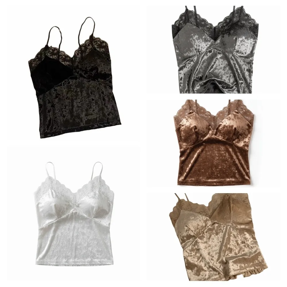 Top Corto sin Mangas con Tirantes, Estilo Y2K, con Relleno en el Pecho, Encaje de Terciopelo, Camisola, Ropa de Calle, Cálido, para Otoño y Verano