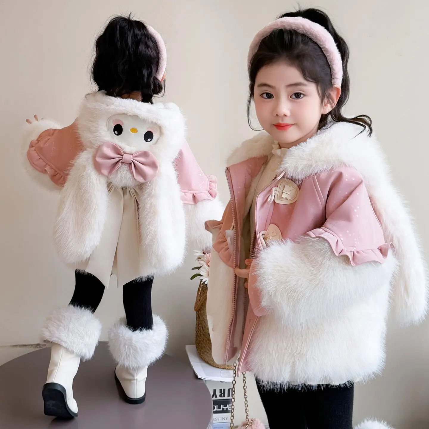 

Anime Kawaii Children Faux Fur Coat Plush Jacket Winter High Quality Rabbit Ears Fashion Padded Jacket Thicken Warm Outerwear