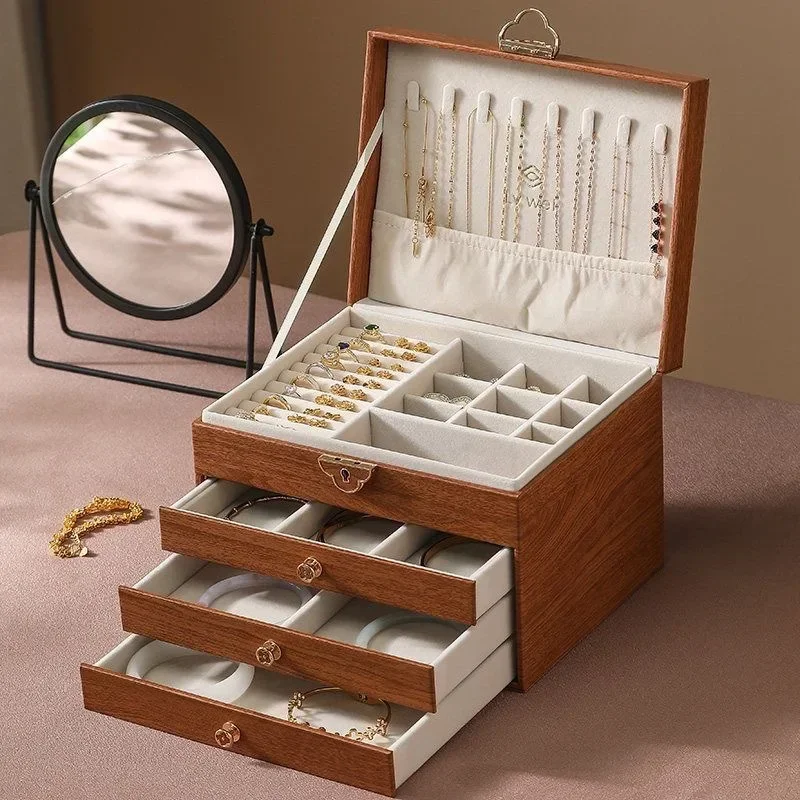 h27- national style light luxury retro multi-layer jewelry box wooden grain simple high-end jewelry storage jewelry box