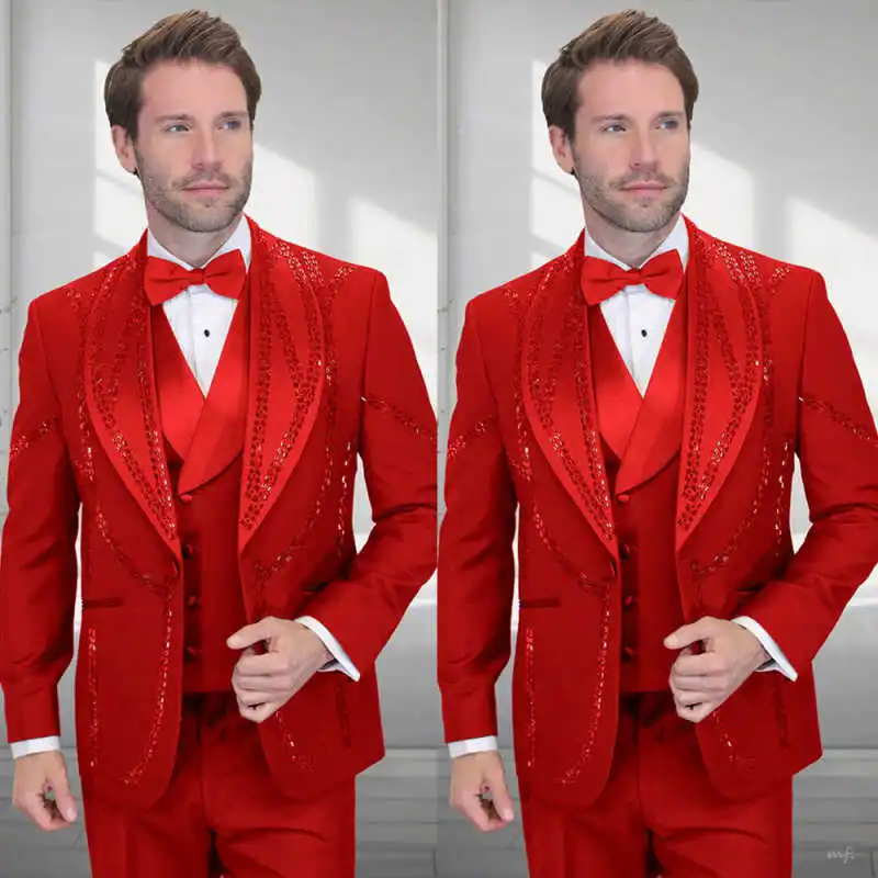 Bright Wedding Tuxedos Sequins 3 Piece Set Jacket Vest Pant Men Suit Design Button Single Breasted Evening Blazer Customized