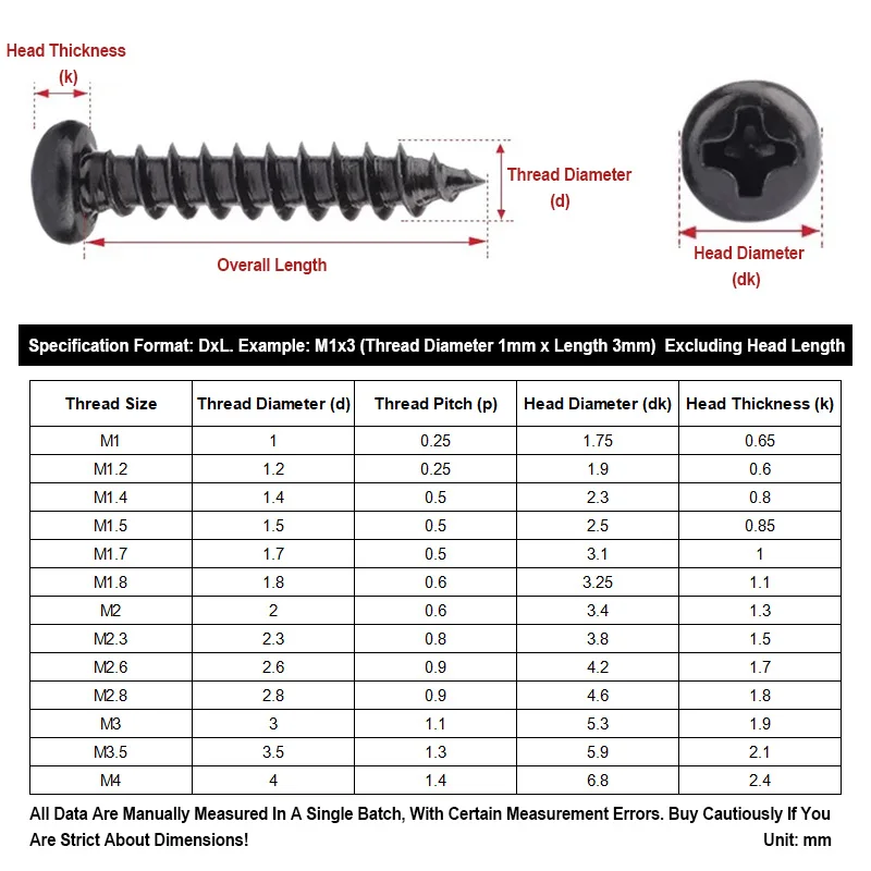 Phillips Pan Head PA Self Tapping Screws Black Zinc Plated Steel Sharp Tip Anti Rust Wood Plastic Fasteners M1-M4 3mm-30mm