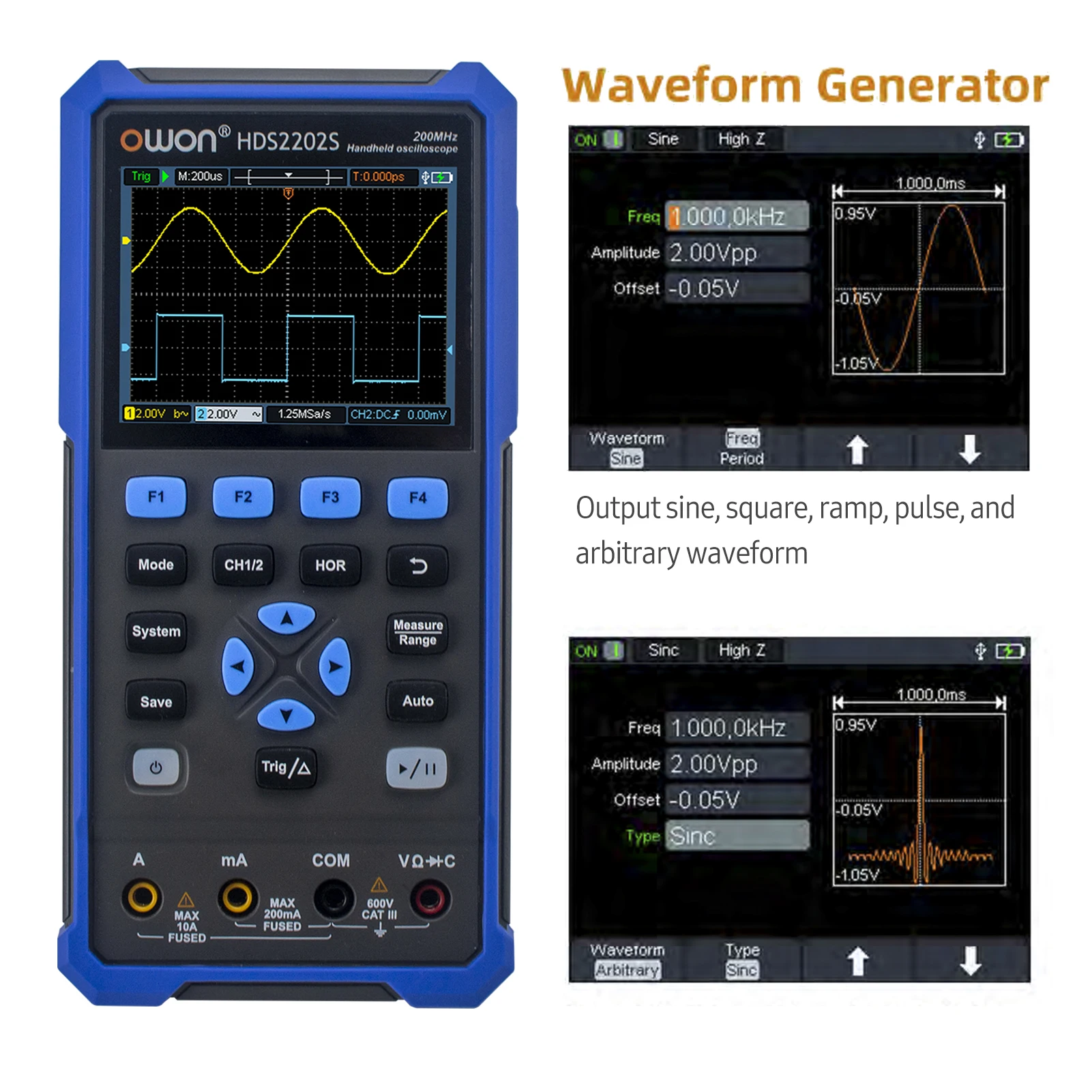 OWON HDS2202S 3 in 1 Handheld Digital Oscilloscope Multimeter Waveform Generator 200MHz 1GSa/s Dual Channels Oscilloscope True