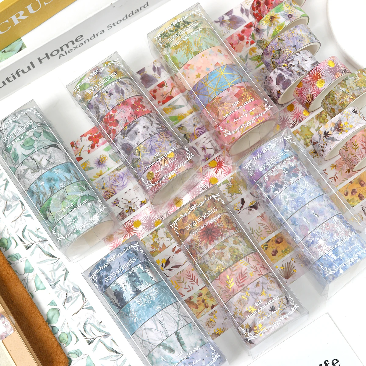 花柄の植物の和紙テープが6ロール/箱入りで、DIYノートのコラージュ装飾に適しており、友人へのギフトにもなります。