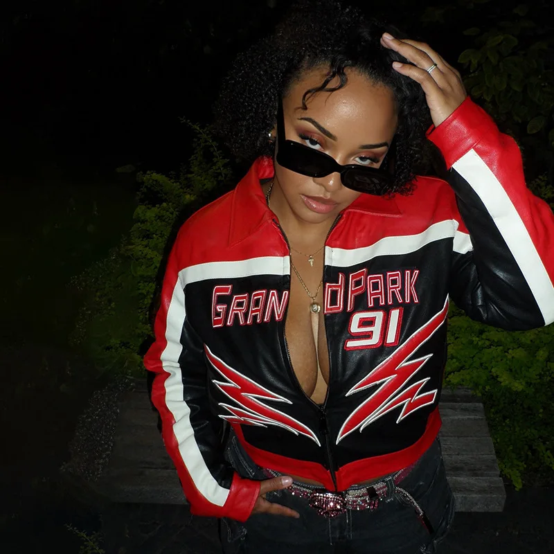 2025 Women Fashion Pu Leather Jacket Pring Autumn Letter Print Casual Sporty Wild Hipster Streetwear Female Faux Leather Coat