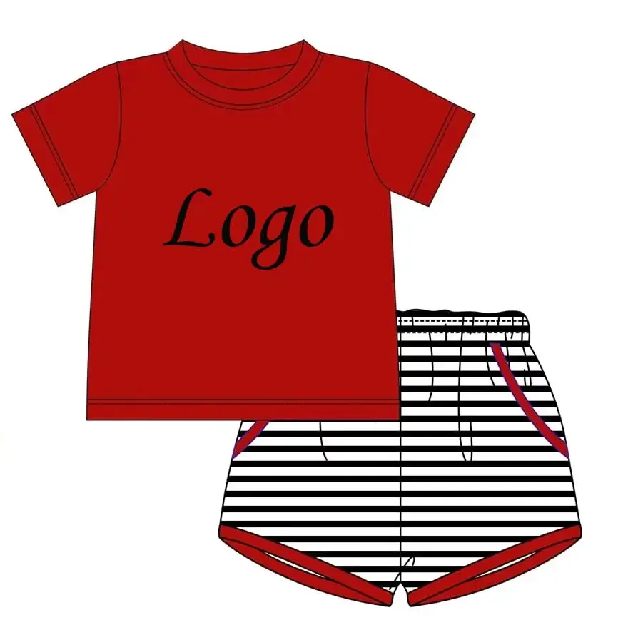 Custom Toddler Boys Girl Bulldog Outfit Boutique Summer Sporty Casual Kids Red Tee Black White Striped Shorts Set