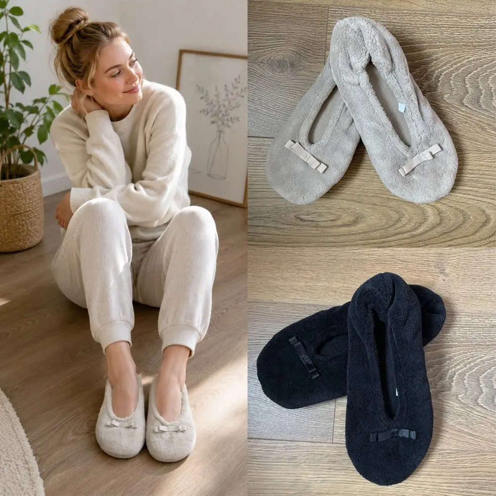 Closed Back Women House Slippers Soft Non-Slip Rubber Sole Ballet Flat Slippers Washable Bow Decor Fuzzy Slippers Indoor Floor