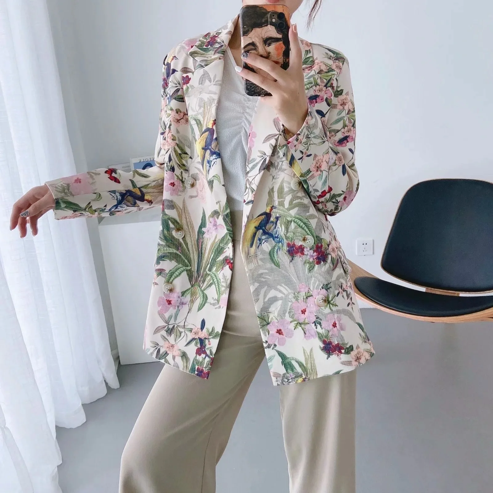 Gagaok Tailored Coat 2024 Autumn America Retro Floral Printed Double Breasted Blazers Outwear Casual Notched Elegant Coats