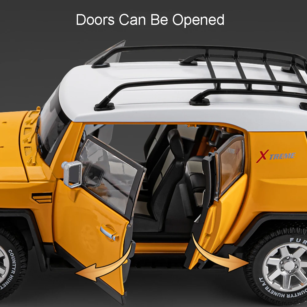 รถโมเดลของเล่น FJ Cruiser Tacoma ขนาด 1:24 รถออฟโรด ผลิตจากโลหะผสม พร้อมเสียง ไฟ ประตูเปิดได้ ระบบดึงกลับ โช้คอัพ รุ่นตกแต่ง