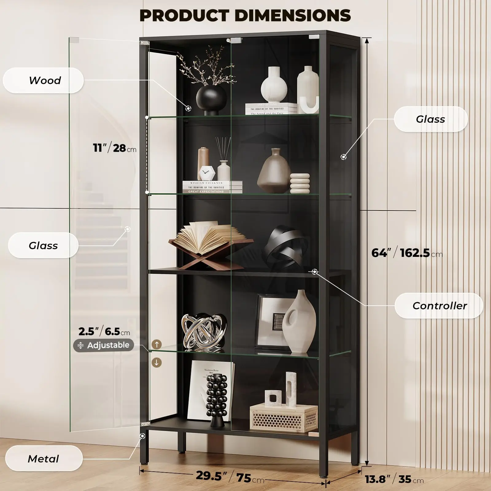 Glass Display Cabinet, 5-Tier Display Case with Adjustable Glass Shelves, Metal Curio Cabinet with 3 Color Lights for