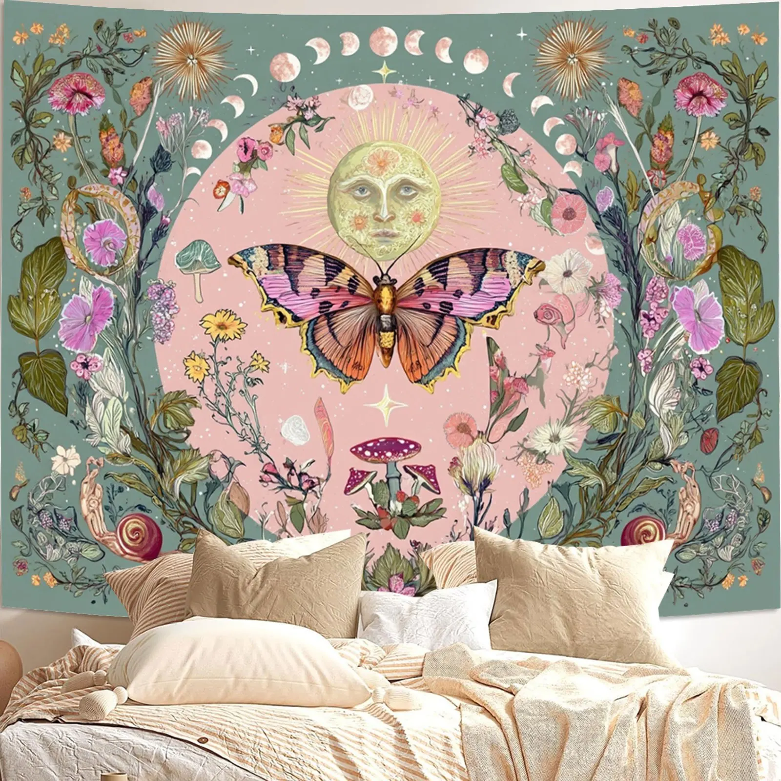 Sun‑and‑moon tapestry, vintage bohemian wall hanging featuring butterflies dancing among flowers and moon, fantasy natural‑scene wall tapestry for bedroom decor, indoor wall hanging, soft brushed fabric, horizontal orientation