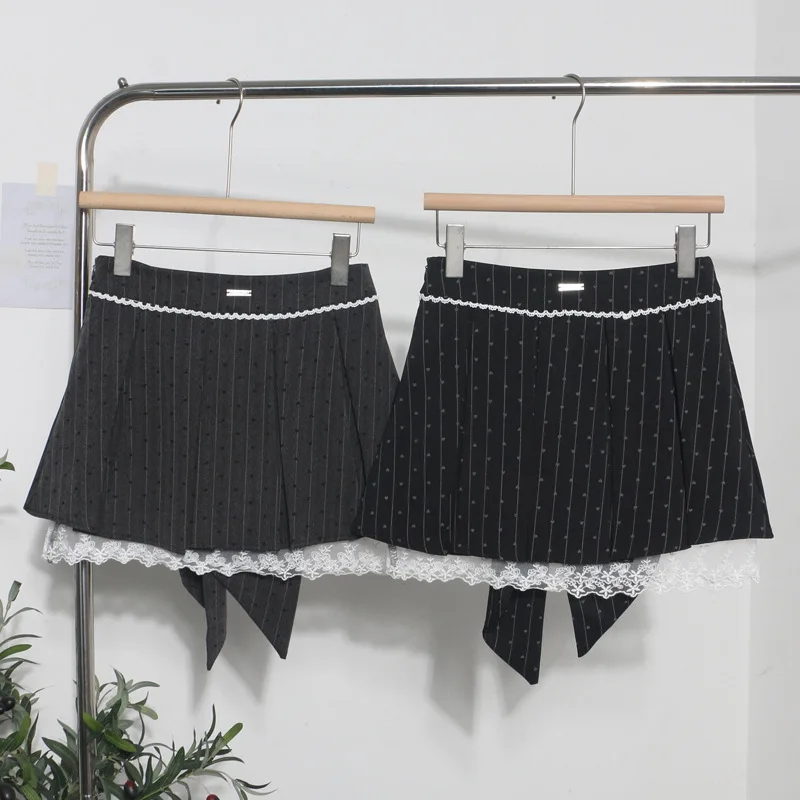 Skirt Women Lace Patchwork Mini Skirts Heart Print Bow High Waist Female Sweet Pleated A Line Spring Summer Streetwear 2026