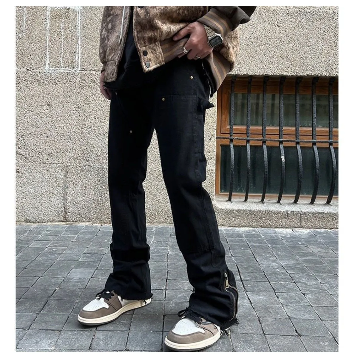High Street Punk Style Zipper Split Jeans Men's Hip Hop Fashion Brand Loose Straight Barrel American Work Wear Micro Horn Pants