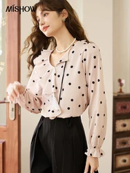 MISHOW Women's French Polka Dot Elegant Shirt Autumn Vintage Blouse Ruffle Long Sleeve V Neck Office Lady Tops MXC45X1300