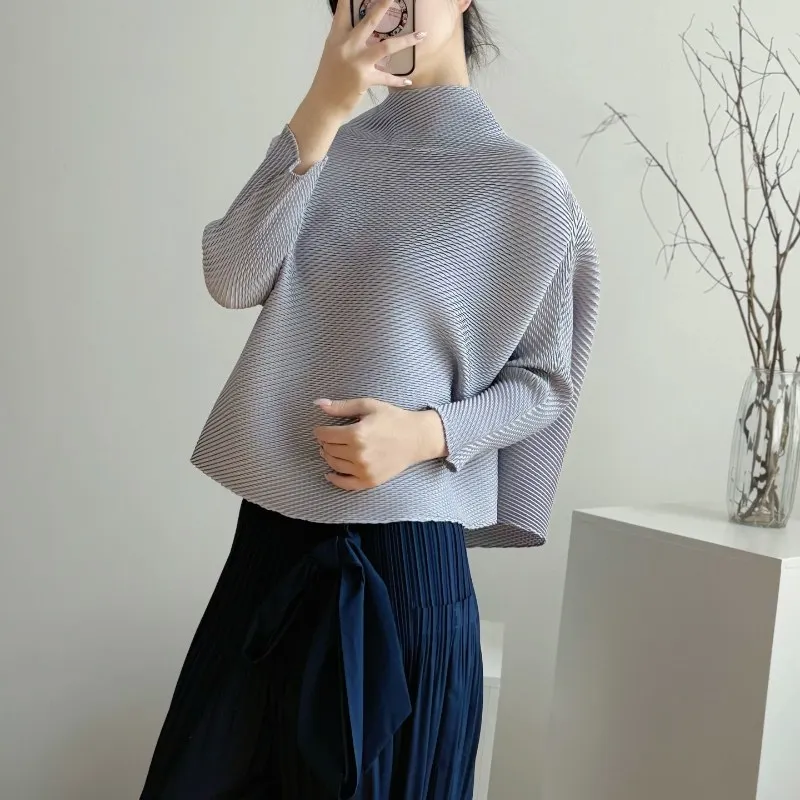 Soft Light Grey Pinstripe Pleated Mock Neck Batwing Sleeve Loose Top Minimalist Casual Chic Trendy Daily Layering Essential 2026