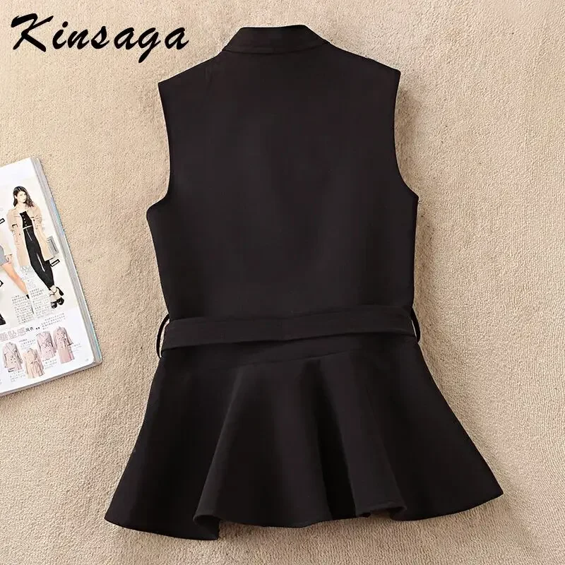 Korean Peplum Belted Blazer Vest Sexy Top Sleeveless Cardigan Coat Waistcoat Ruffles Hem Outwear Women Workwear Outfit Vests