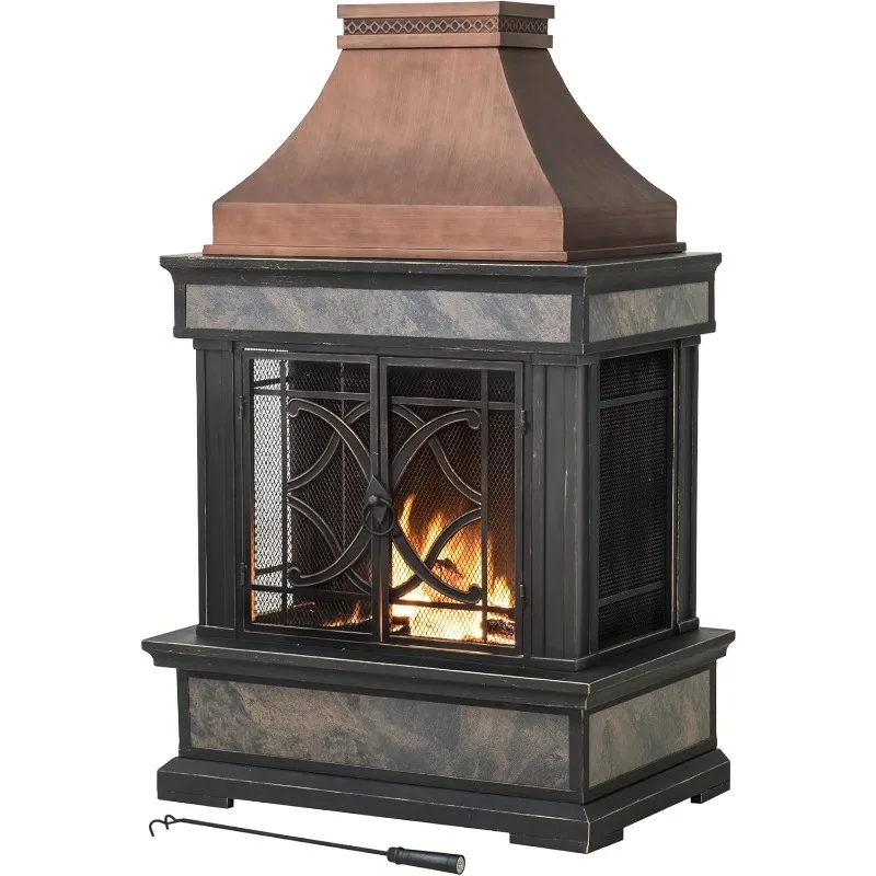 

Outdoor Fireplace, Stone Look Tile Patio Wood Burning Steel Fireplace with Chimney, Spark Screen, Fire Poker, Rain Cover